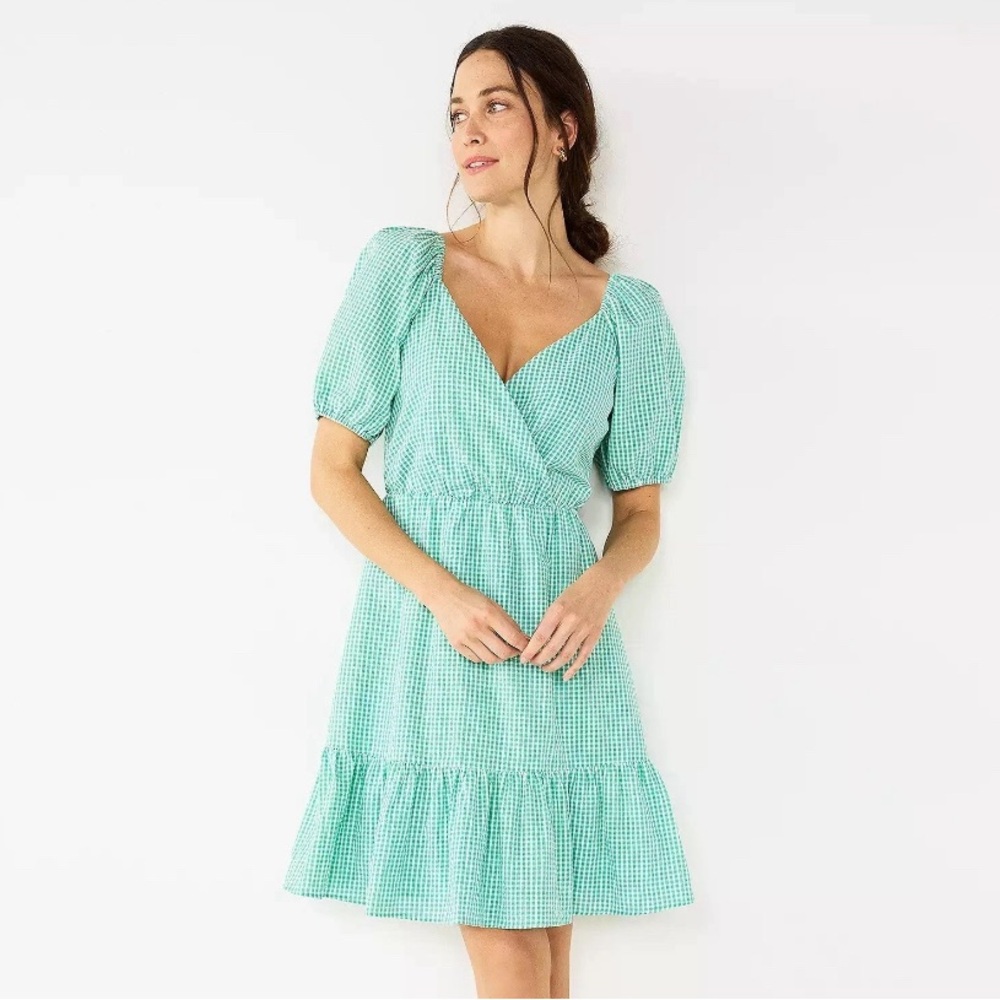 Green Gingham Puff Sleeve Dress